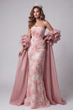 Strapless Pink Mermaid Beaded Long Pageant Dress with Train