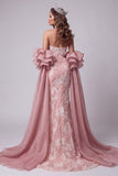 Strapless Pink Mermaid Beaded Long Pageant Dress with Train
