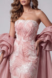 Strapless Pink Mermaid Beaded Long Pageant Dress with Train