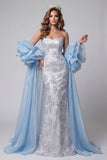 Light Blue Strapless Mermaid Floral Beaded Long Pageant Dress with Ruffle Train