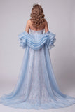 Light Blue Strapless Mermaid Floral Beaded Long Pageant Dress with Ruffle Train