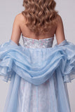 Light Blue Strapless Mermaid Floral Beaded Long Pageant Dress with Ruffle Train