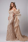 Champagne Sweetheart Mermaid Sequins Long Pageant Dress with Train