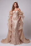 Champagne Sweetheart Mermaid Sequins Long Pageant Dress with Train