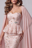 Sweetheart Blush Mermaid Floral Ruffled Sequins Long Pageant Dress with Cape