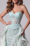 Mint Green Sweetheart Mermaid Sheer Corset Sequins Long Pageant Dress with Ruffle Train