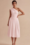 One Shoulder A-Line White Midi Engagement Dress