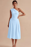 One Shoulder A-Line White Midi Engagement Dress