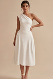 One Shoulder A-Line White Midi Engagement Dress