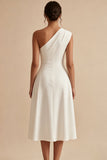 One Shoulder A-Line White Midi Engagement Dress