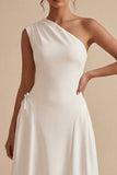 One Shoulder A-Line White Midi Engagement Dress
