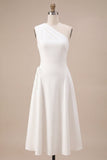 One Shoulder A-Line White Midi Engagement Dress