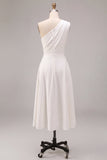 One Shoulder A-Line White Midi Engagement Dress