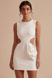 Bodycon Cut Out Round Neck Little White Dress with Bow