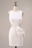 Bodycon Cut Out Round Neck Little White Dress with Bow