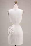 Bodycon Cut Out Round Neck Little White Dress with Bow