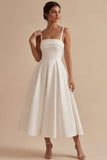 White A-Line Spaghetti Straps Elegant Midi Engagement Dress