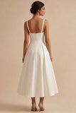 White A-Line Spaghetti Straps Elegant Midi Engagement Dress