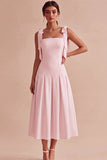 White A-Line Bowed Straps Midi Engagement Dress
