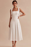 White A-Line Bowed Straps Midi Engagement Dress