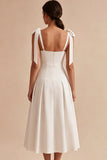 White A-Line Bowed Straps Midi Engagement Dress