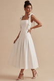 White A-Line Bowed Straps Midi Engagement Dress