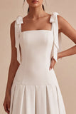 White A-Line Bowed Straps Midi Engagement Dress