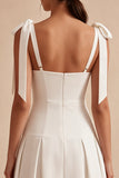 White A-Line Bowed Straps Midi Engagement Dress
