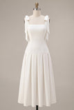 White A-Line Bowed Straps Midi Engagement Dress