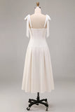 White A-Line Bowed Straps Midi Engagement Dress