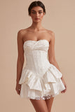 Sweetheart White A-Line Corset Floral Ruffled Bridal Shower Dress