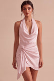 Halter Bodycon Ruched Backless Little White Dress