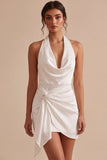 Halter Bodycon Ruched Backless Little White Dress