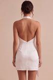 Halter Bodycon Ruched Backless Little White Dress