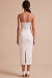 White Strapless Midi Bodycon Ruched Corset Engagement Dress with Slit