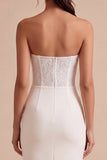 White Strapless Midi Bodycon Ruched Corset Engagement Dress with Slit