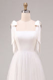 A-Line White Square Neck Midi Tulle Engagement Dress with Bow