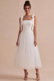 A-Line White Square Neck Midi Tulle Engagement Dress with Bow