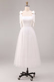 A-Line White Square Neck Midi Tulle Engagement Dress with Bow