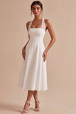 A-Line White Halter Neck Midi Engagement Dress