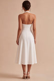 A-Line White Halter Neck Midi Engagement Dress