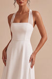 A-Line White Halter Neck Midi Engagement Dress