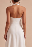 A-Line White Halter Neck Midi Engagement Dress