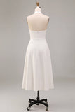A-Line White Halter Neck Midi Engagement Dress