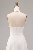 A-Line White Halter Neck Midi Engagement Dress