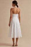 A-Line White Flower Halter Neck Midi Engagement Dress with Lace