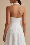 A-Line White Flower Halter Neck Midi Engagement Dress with Lace