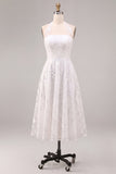 A-Line White Flower Halter Neck Midi Engagement Dress with Lace