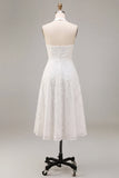 A-Line White Flower Halter Neck Midi Engagement Dress with Lace