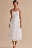 A-Line White Square Neck Floral Midi Engagement Dress